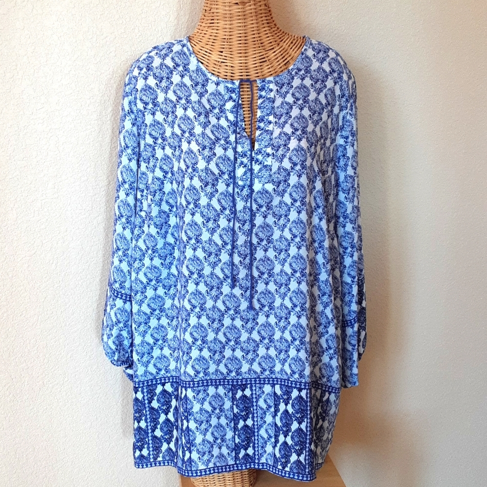 Violet & Claire Multi-Pattern Boho Blue Blouse - image 1
